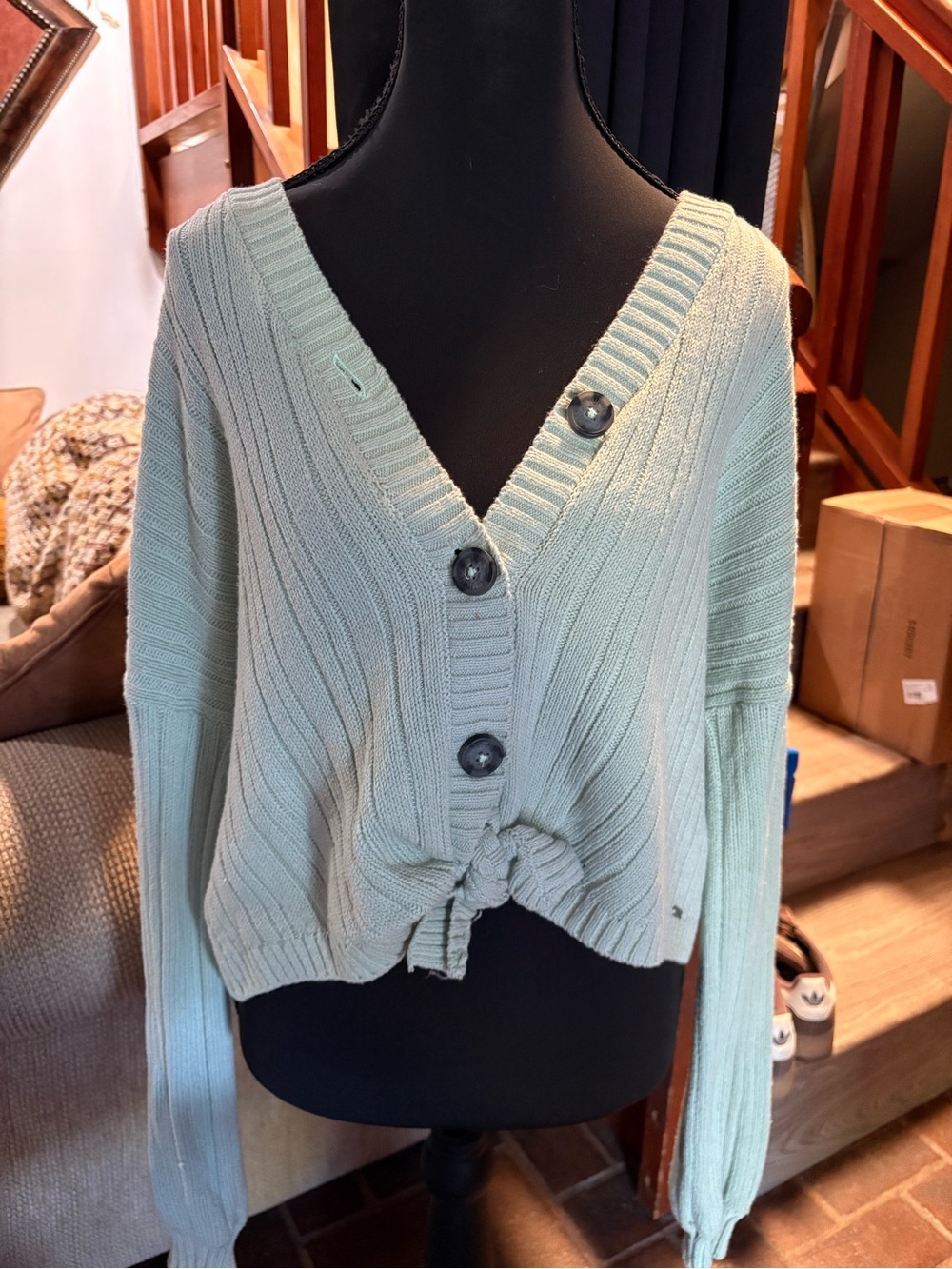 Hollister Women's Mint Green V-Neck Knit Button Cardigan